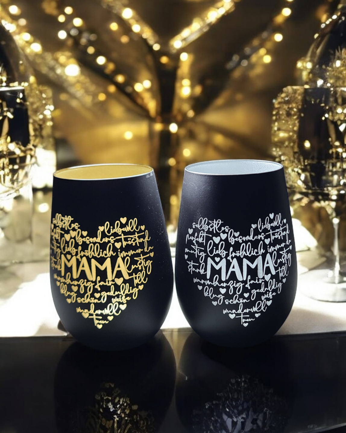 zauberhaftes Windlicht mit Herz und Mama Schriftzug 1 - Luna et Sol - Windlicht schwarz mit Mama Gravur innenfarbe gold oder silber aussen schwarz