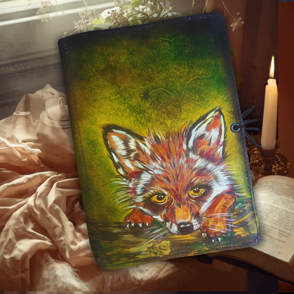exklusive Leder Buchhülle niedlicher Fuchs, Ledercover, DIN A5 Schutzhülle