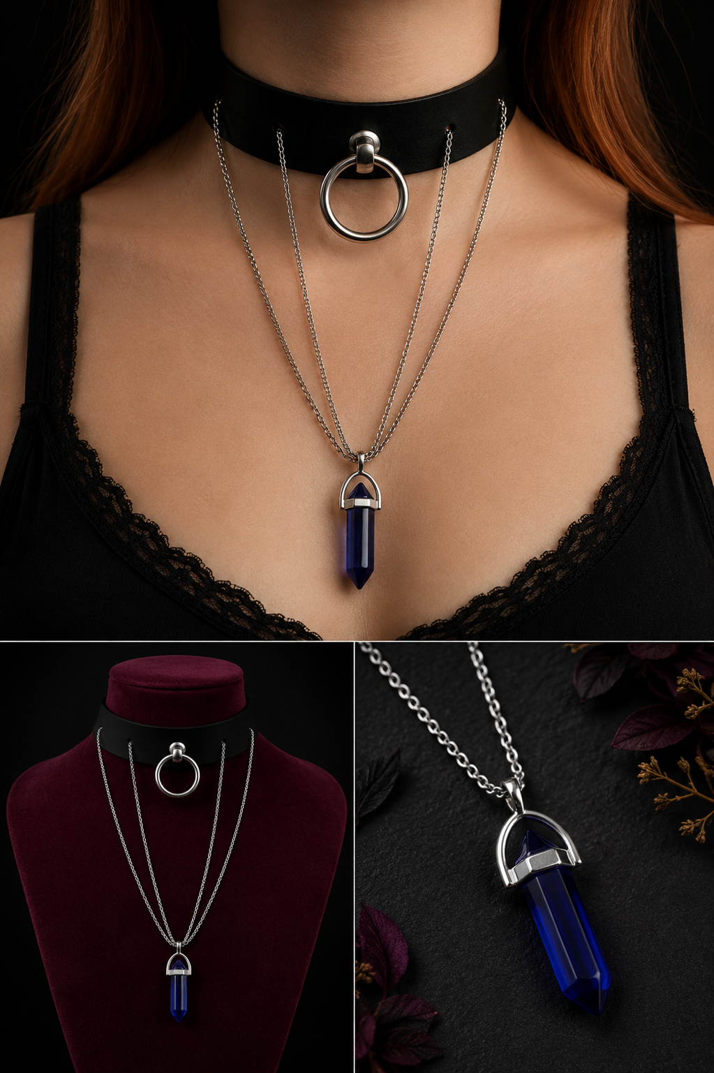 Fantasy Choker mit Kristall | Handgefertigter Leder Choker mit blauem Glaskristall 3 - Luna et Sol - Fantasy Choker mit Kristall Fantasy Choker mit Kristall | Handgefertigter Leder Choker mit blauem Glaskristall – Bild 3