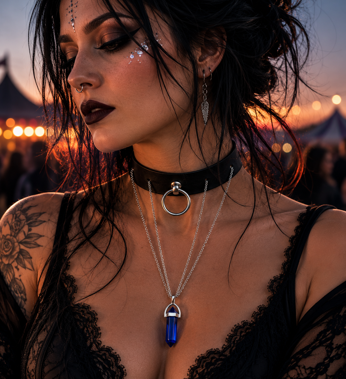 Fantasy Choker mit Kristall | Handgefertigter Leder Choker mit blauem Glaskristall 1 - Luna et Sol - Fantasy Choker mit Kristall Fantasy Choker mit Kristall | Handgefertigter Leder Choker mit blauem Glaskristall