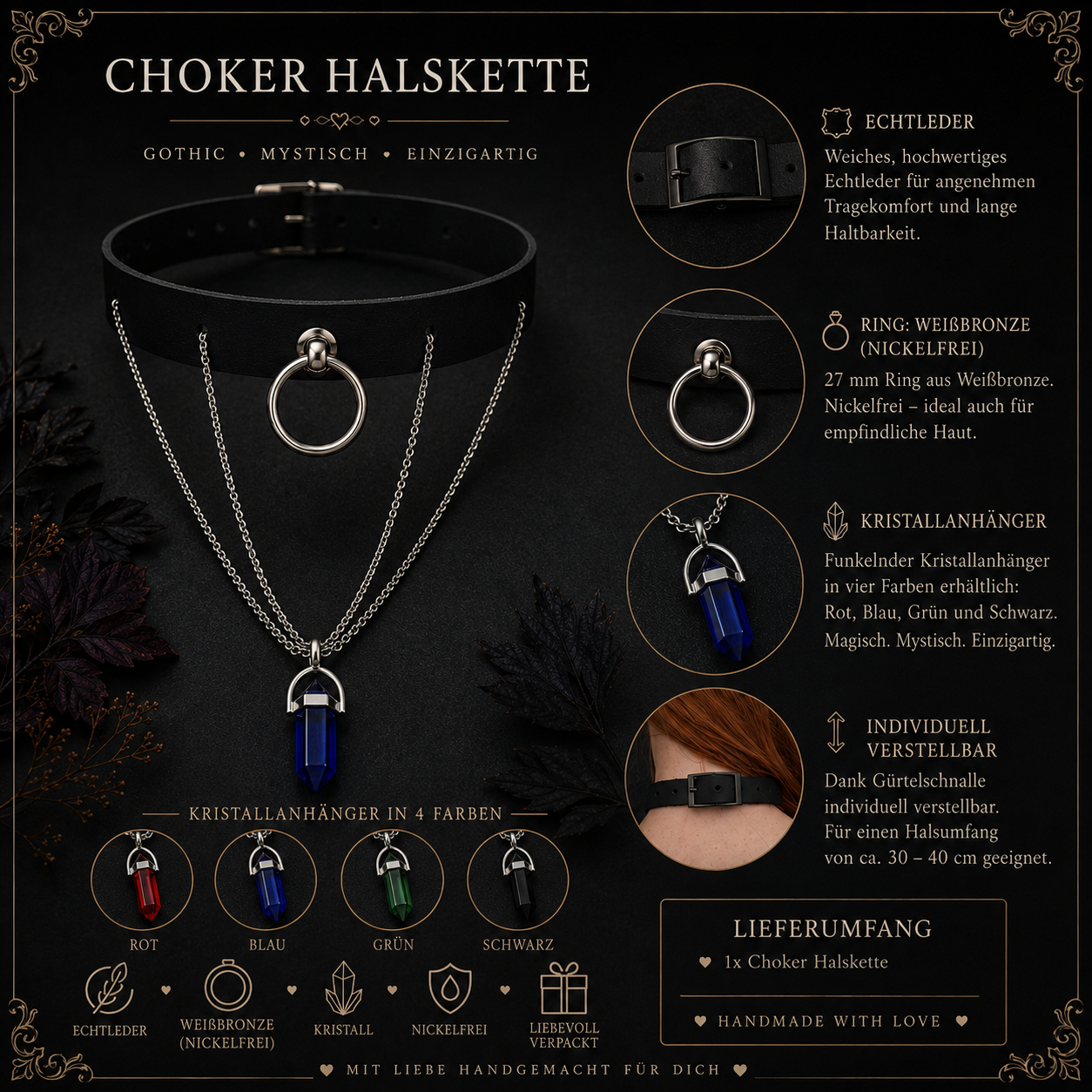 Fantasy Choker mit Kristall | Handgefertigter Leder Choker mit blauem Glaskristall 4 - Luna et Sol - Fantasy Choker mit Kristall Fantasy Choker mit Kristall | Handgefertigter Leder Choker mit blauem Glaskristall – Bild 4