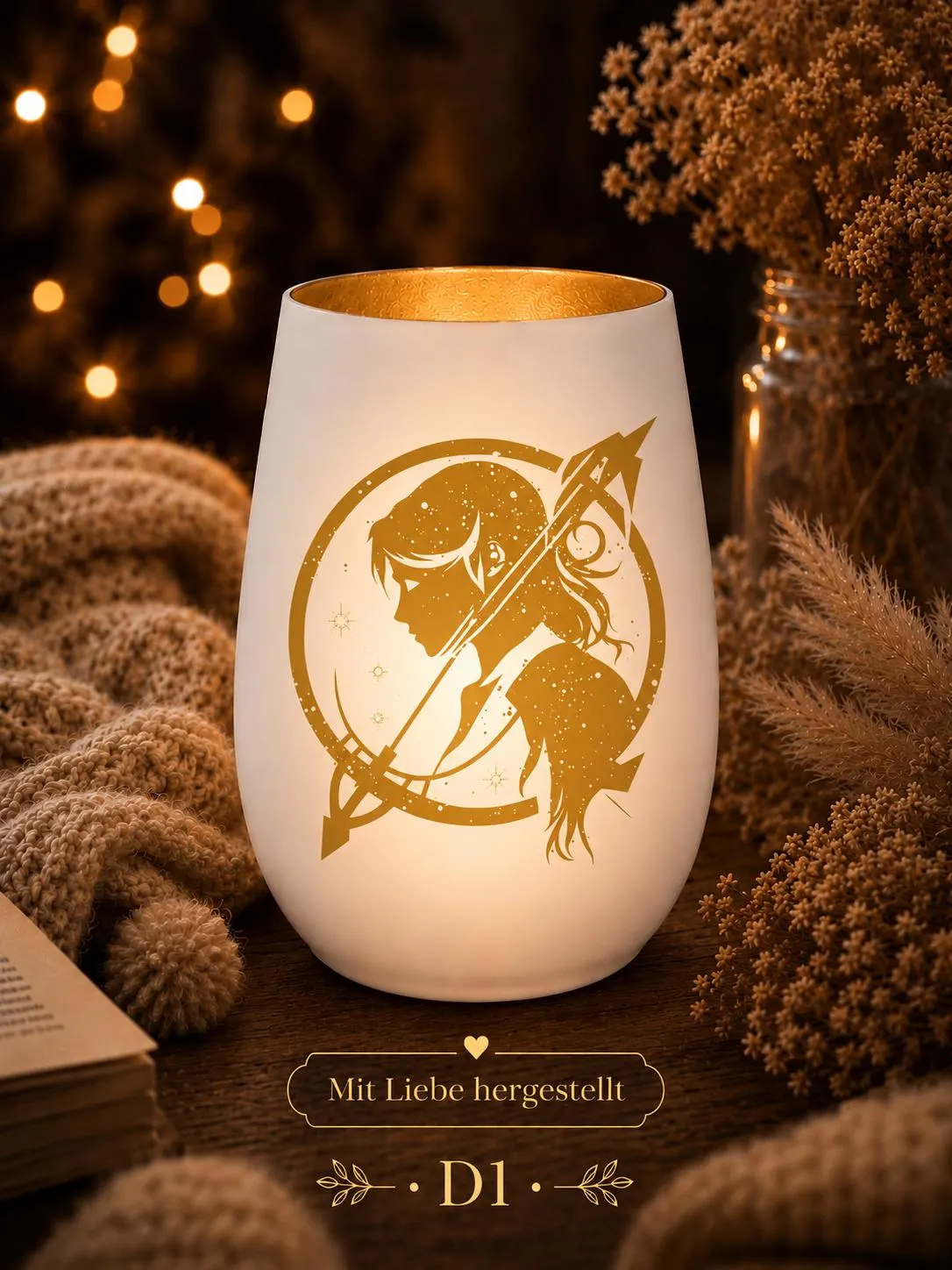 personalisiertes Windlicht Schütze | Kristallglas Becher mit Gravur | weiß-gold