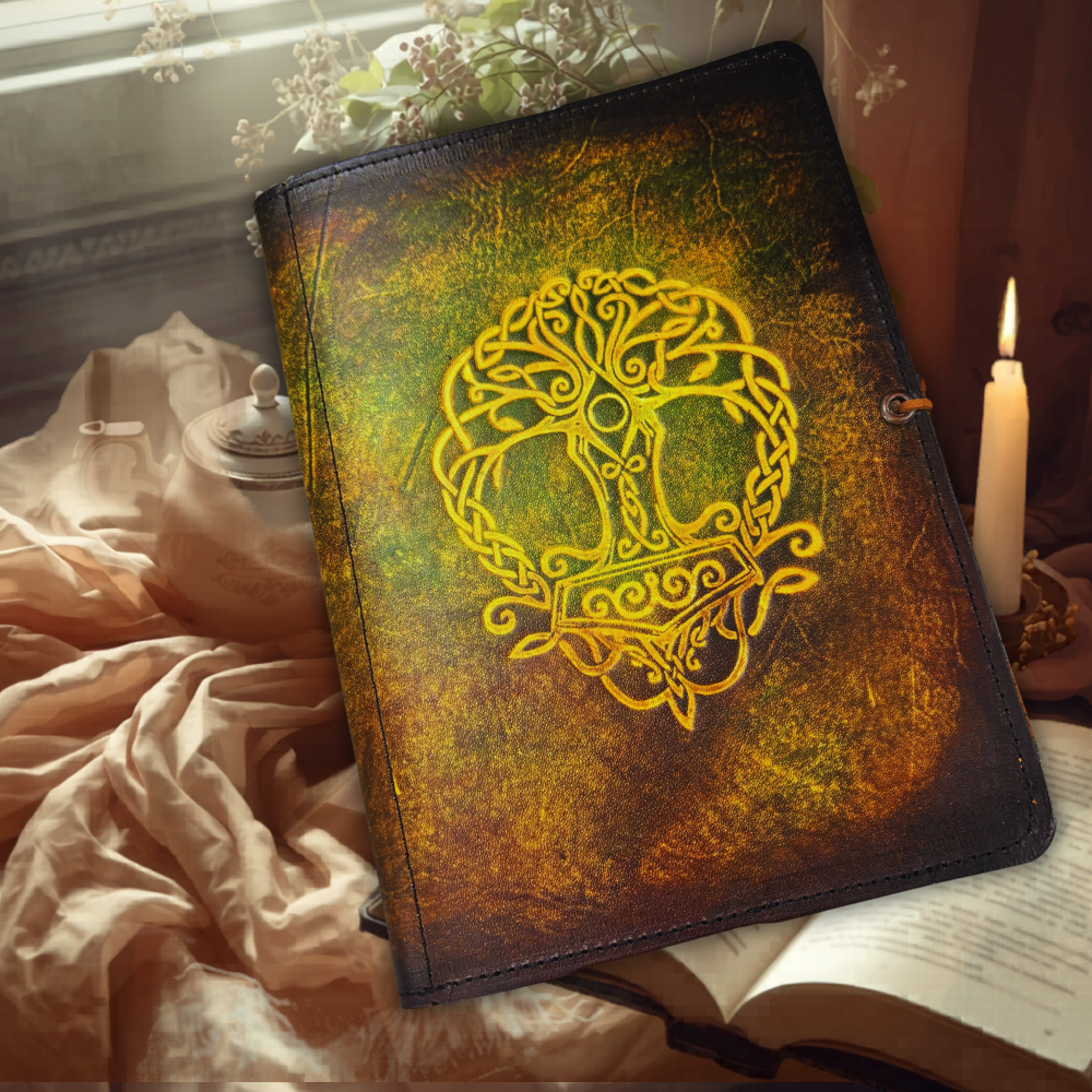 Handgemachte Leder-Buchhülle DIN A5 – Weltenbaum Yggdrasil