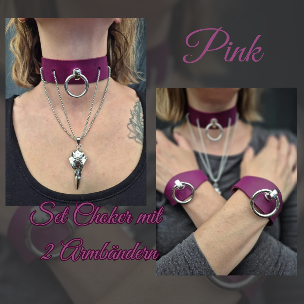 Set Choker / Halsband & 2 Armbändern aus Leder  "Pink Lady"