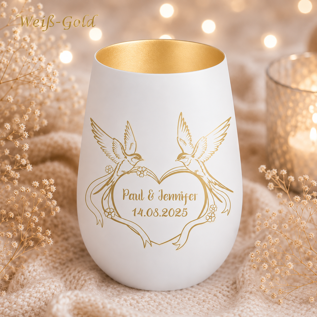 personalisiertes Hochzeit Windlicht – Herz mit Schwalben