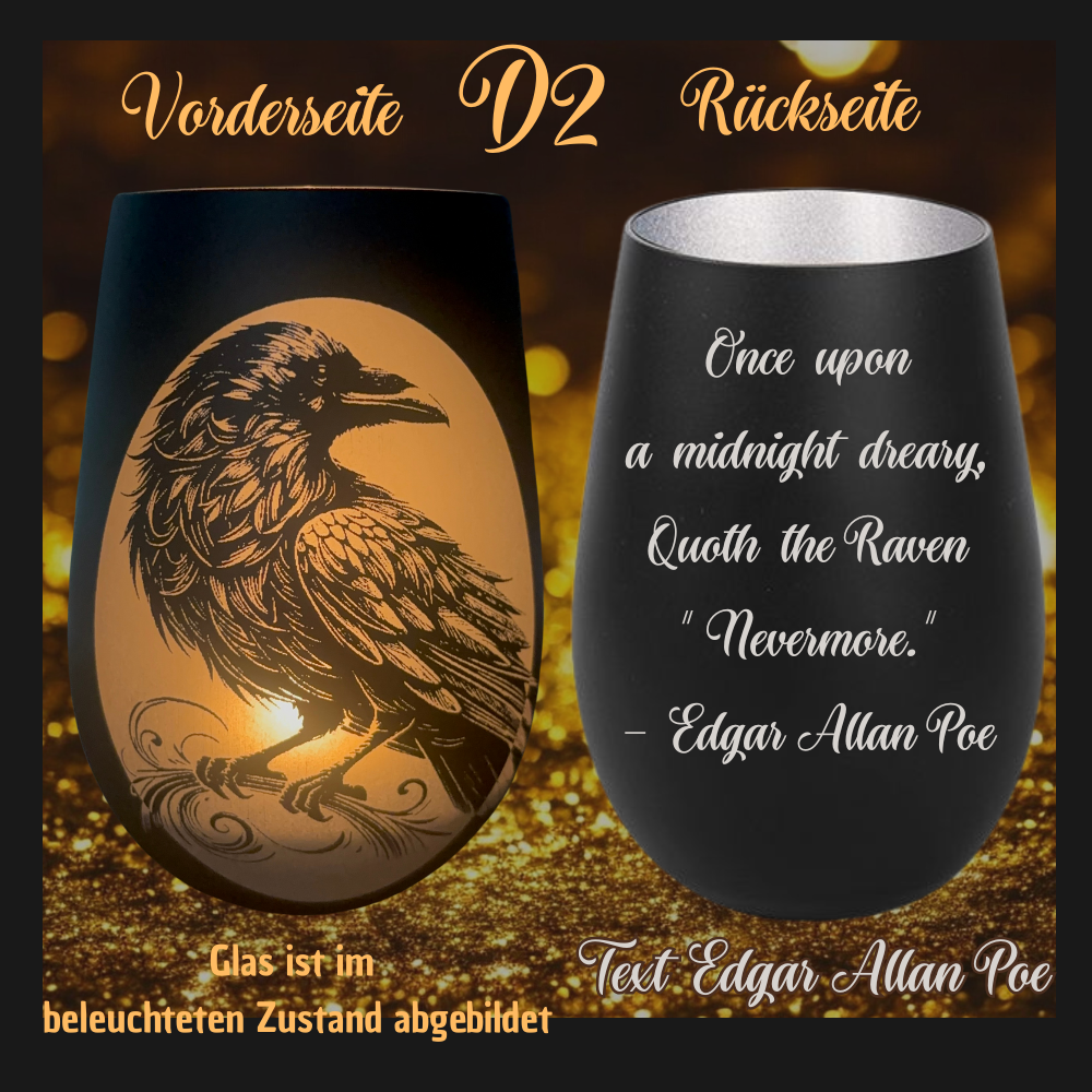 exklusives Raben – Windlicht Edgar Allan Poe Zitat oder Wunschtext aus Glas – Gothic & Mystik