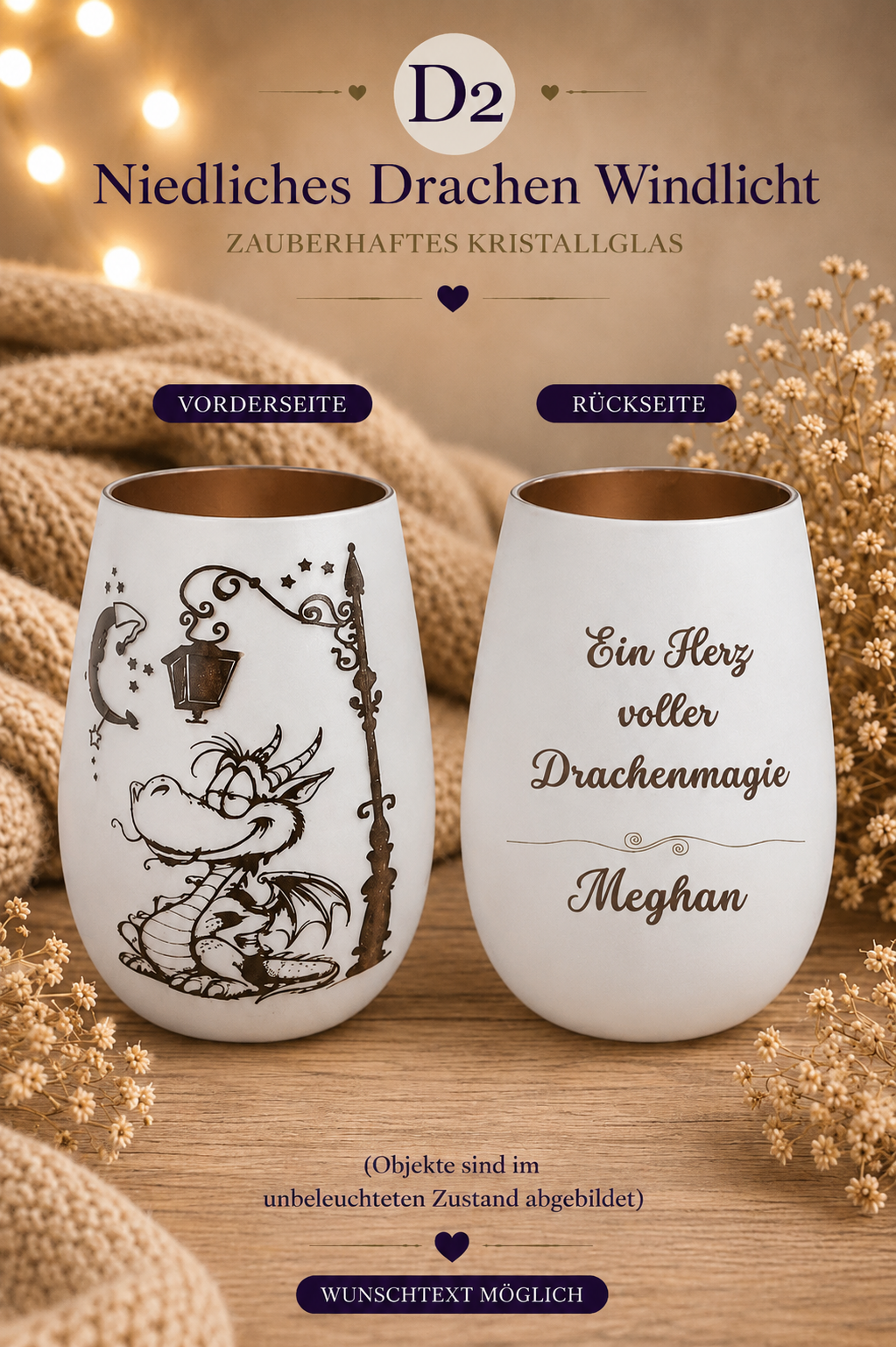 Drachen Windlicht personalisiert – Fantasy Nachtlicht mit Mond, süßem Drachen 2 - Luna et Sol - Drachen Windlicht personalisiert Drachen Windlicht personalisiert – Fantasy Nachtlicht mit Mond, süßem Drachen – Bild 2